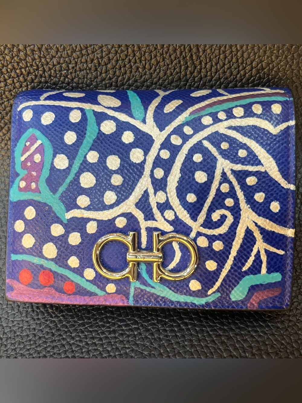 Salvatore Ferragamo Blue Multicolor Hand painted Gancini bifold wallet